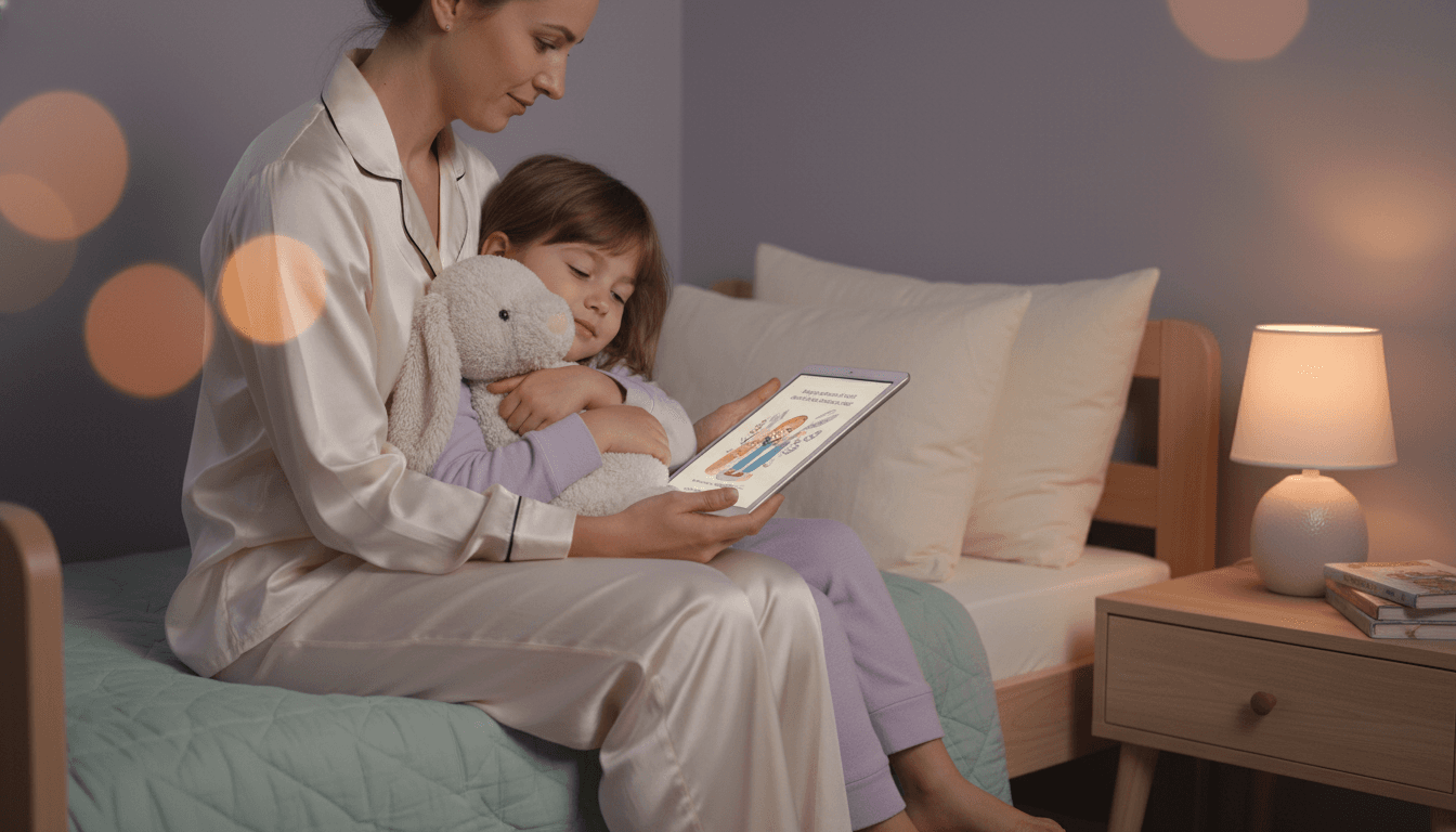 Parent and sleepy child sharing a freshly created illustrated bedtime story on a tablet under a soft peach bedside lamp, dusty lavender room with sage-mint blanket