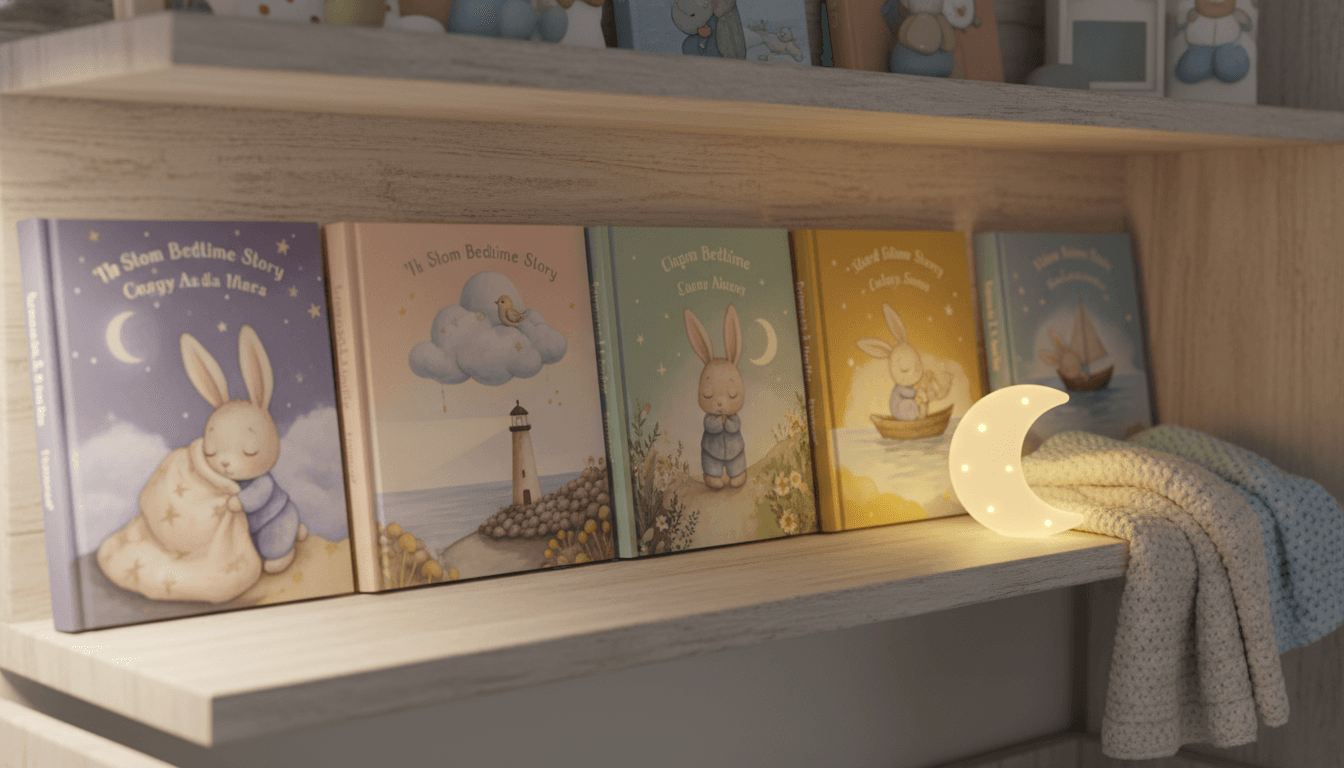 A long cozy nursery shelf of personalized bedtime story books each featuring the same recurring sleepy bunny mascot in different gentle adventures
