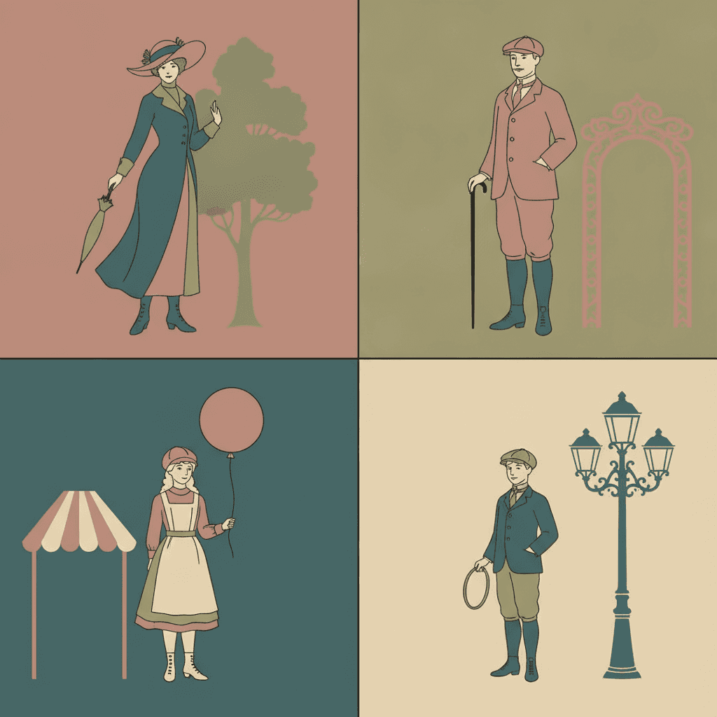 A two-by-two grid showing the whole palette of the style, each quarter one flat full-bleed field — dusty rose, muted olive, deep teal and warm cream — and each holding one figure filled with the other colours of the set so that every quarter carries the full range: on rose a woman in a long deep-teal coat and wide feathered hat with a closed parasol, standing beside a flat olive tree silhouette; on olive a man in a dusty-rose jacket and flat cap leaning on a cane beside a pale rose archway; on teal a girl in a cream pinafore over a rose dress holding a rose balloon beside a striped market awning; and on cream a boy in a deep-teal jacket holding a hoop beside a tall deep-teal lamp post — every colour in the picture low in saturation and slightly faded, with no bright or hot hue anywhere