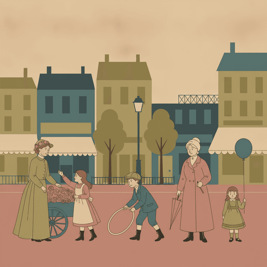 A flat market square with no perspective at all — a cream sky, a row of olive and deep-teal building silhouettes standing side by side at the same height across the full width, blank cream awnings over the shop fronts, two flat olive trees and a tall lamp post, and a broad dusty-rose band of paving below — with five figures spread evenly along it: a flower seller in a long olive dress standing behind a barrow heaped with simple rose circles for blooms, a girl in a cream pinafore reaching up towards the flowers, a boy in a deep-teal jacket and olive cap bending to roll a plain cream hoop, a grandmother in a dusty-rose coat holding a closed parasol, and a small girl in an olive dress holding a deep-teal balloon on a single straight string