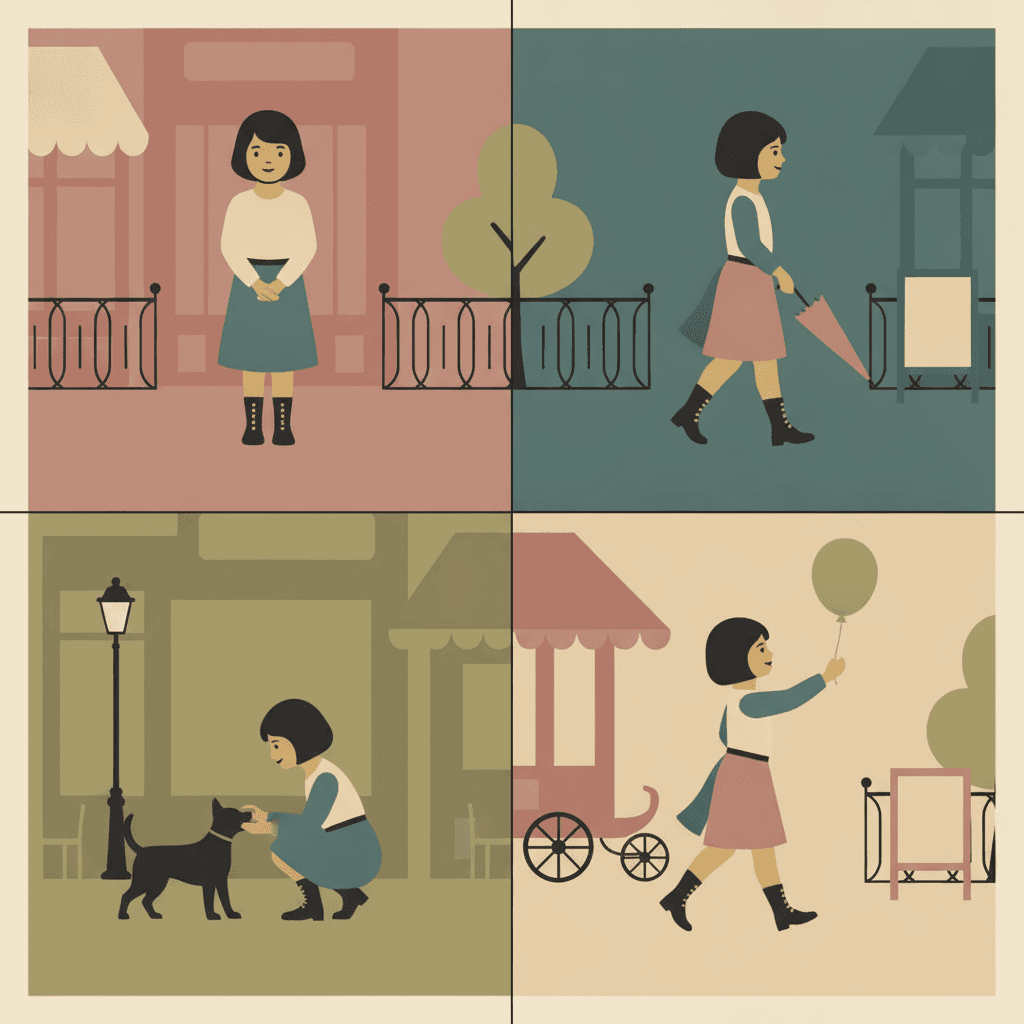 A two-by-two grid of four flat colour fields — dusty rose, deep teal, muted olive and warm cream — each holding the same girl with the same flat black bob, the same cream face and the same two small eyes and small smile, drawn four times in four different attitudes: standing squarely with her hands clasped in front of her against a rose shop front, walking in profile carrying a closed parasol past a plain railing, crouching with one hand out to a black dog silhouette under a lamp post, and striding along with one arm raised holding an olive balloon beside a rose-striped market stall — every quarter flat, with blank signboards and no shading inside any shape