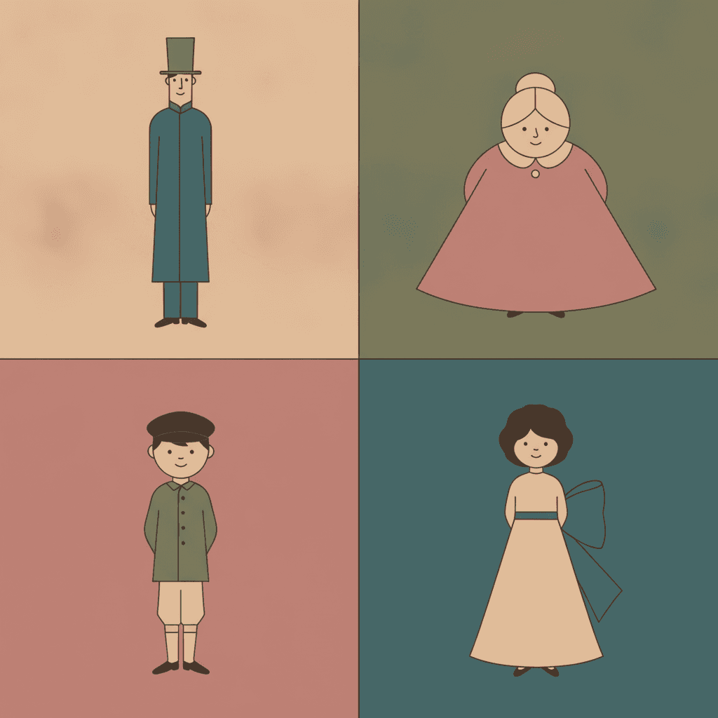 A two-by-two grid of four flat full-bleed colour fields, each holding one figure built to a visibly different silhouette: on warm cream a very tall thin man whose whole shape is one long narrow deep-teal coat under a tall olive hat; on muted olive a short round grandmother whose dusty-rose dress flares into a broad triangle to the floor under a small round cream collar; on dusty rose a boy of about six in an olive jacket, cream breeches and a black cap, his shape mostly a square jacket on two short legs; and on deep teal a girl of about ten in a long cream dress with one enormous teal bow at her waist and a mass of dark hair drawn as a single rounded shape — all four described by the same even soft-black outline, all four filled with flat low-saturation colour, all four calm and pleasant-faced
