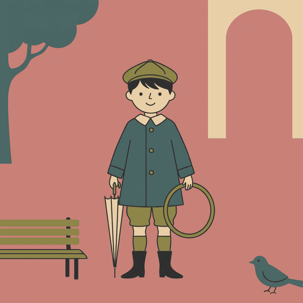 One boy of about eight standing in the centre of an unbroken flat field of dusty rose, wearing a deep-teal coat drawn as one simple buttoned shape with a cream collar, olive breeches, olive stockings, black boots and a flat olive cap over dark hair, holding a closed cream parasol in one hand and a plain olive hoop in the other, his face a flat cream oval with two small eyes and a small smile — with four flat decorative silhouettes placed around him and nothing else: a deep-teal tree in the top left, a tall cream archway in the top right, an olive park bench at the lower left and a small deep-teal bird at the lower right, none of them carrying any shading, highlight, shadow or texture