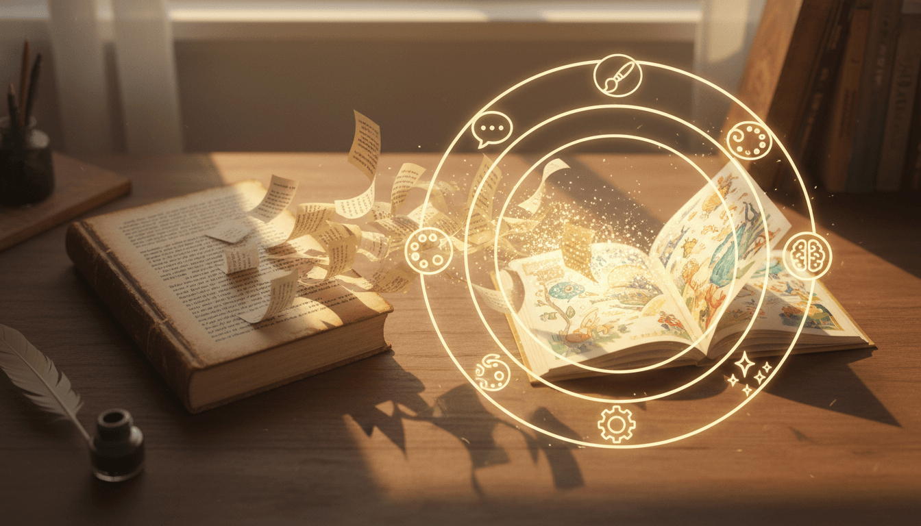 Best AI to convert novel to book — top-down hero scene of a paperback novel manuscript with pages flying upward into a glowing illustrated picture book, with six AI-tool icon glyphs orbiting the books like planets