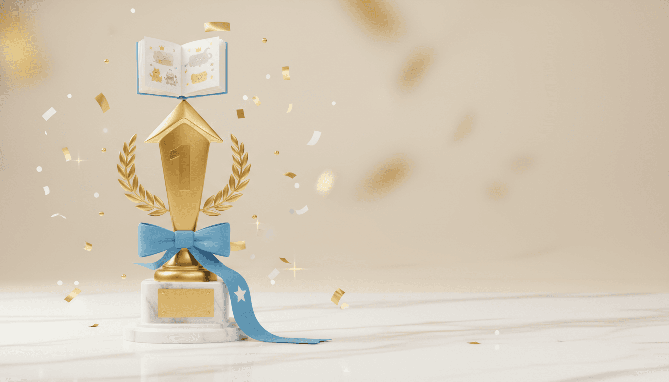 A gold trophy with a tiny illustrated picture book on top — winner of the 2026 best AI to convert novel to book comparison