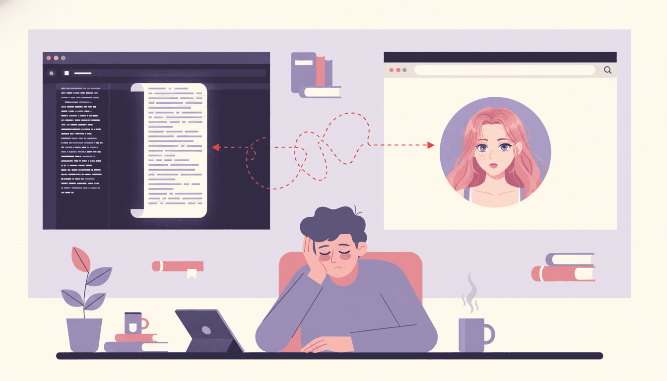 A writer at a desk facing two separate browser windows — a dark text editor on the left with a manuscript and a bright AI image generator on the right with an anime portrait — visual metaphor for NovelAI's split text-and-art workflow