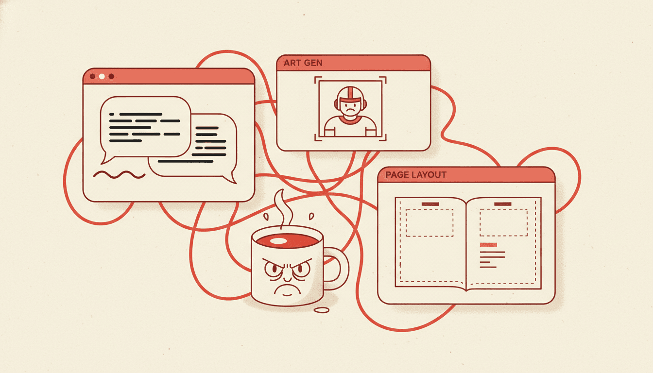 Three browser windows scattered across a desk like puzzle pieces — a chat window with text bubbles, an art generator, and a page-layout app with empty book spreads — connected by tangled red strings, visual metaphor for the DIY multi-tool combo