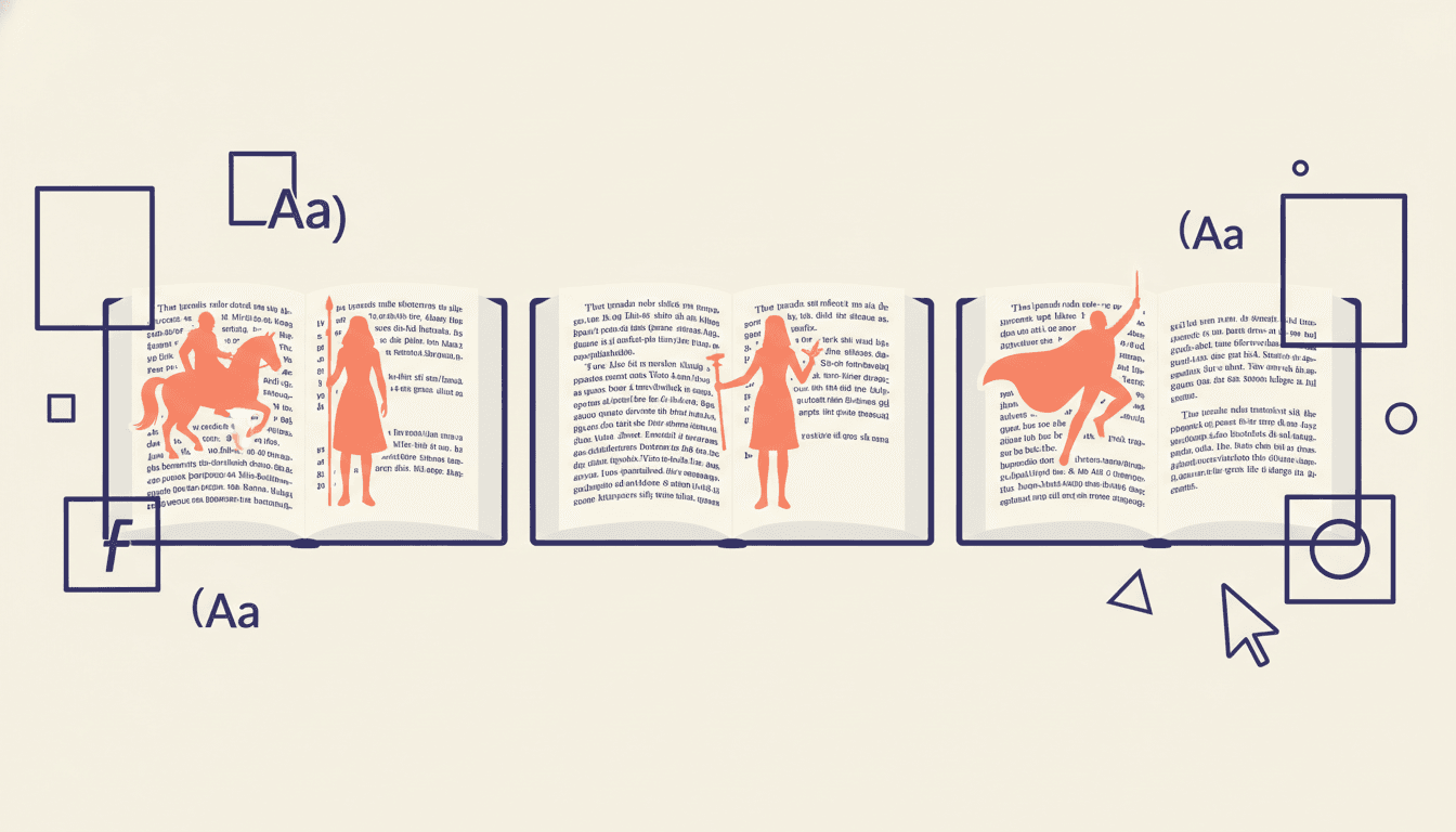 A wide design canvas with novel manuscript text pasted across multiple book spreads with design tool icons floating around the edges and stock-photo-silhouette characters — visual metaphor for Canva's design canvas