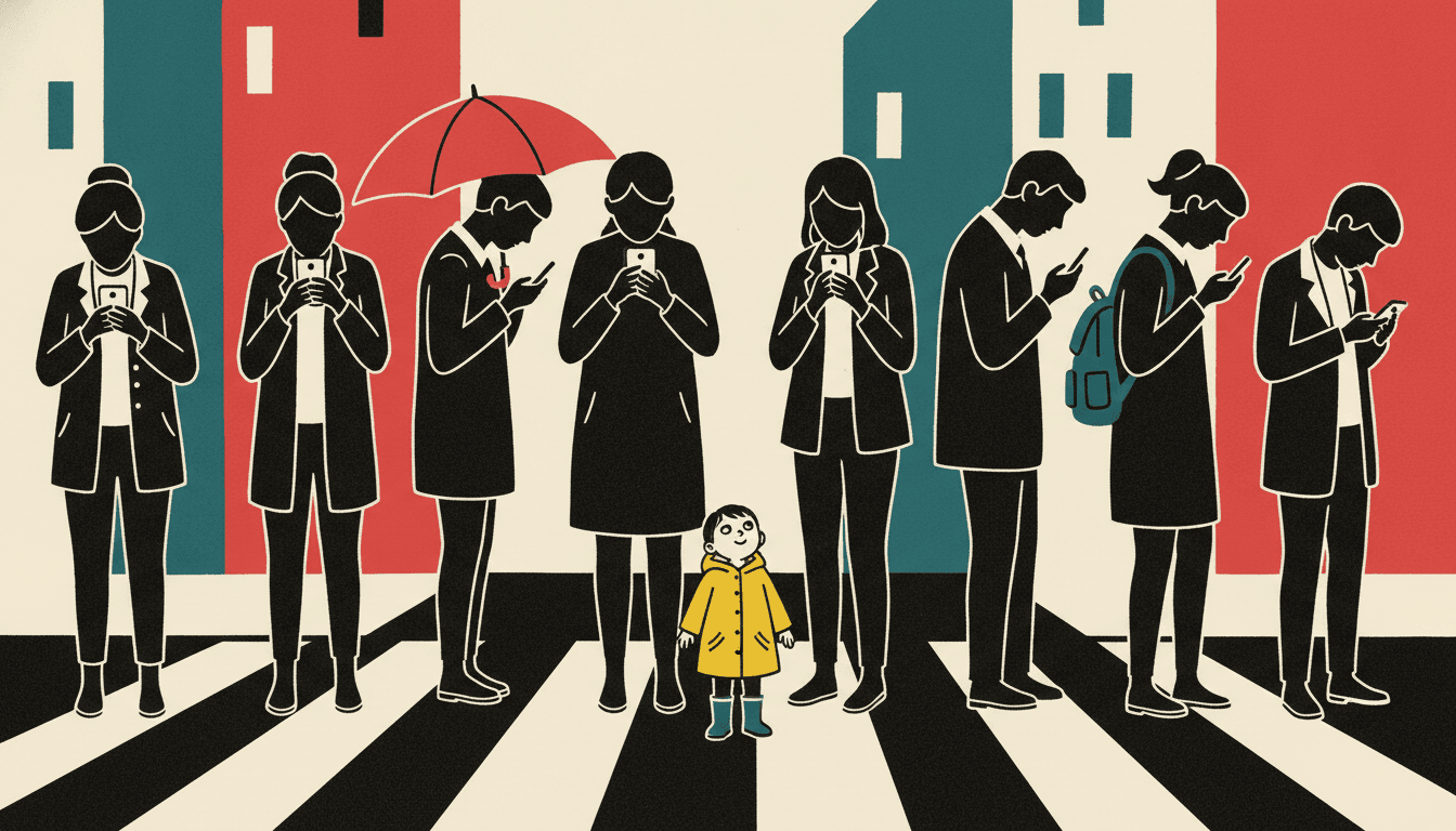 Bold flat illustration of a small child in a yellow raincoat on a city zebra crossing surrounded by eight taller adults all staring at their phones, every figure a flat silhouette with a thick black contour set against flat red, teal and cream colour blocks with no shading anywhere