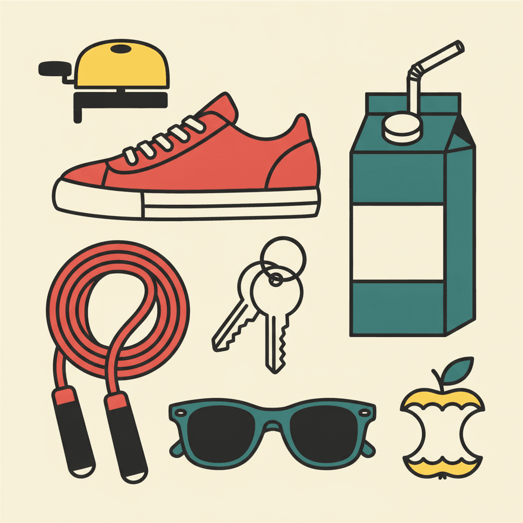 Square bold flat flat-lay of everyday objects — a bicycle bell, a red trainer, a juice carton with a straw, a coiled skipping rope, two keys on a ring, sunglasses and a half-eaten apple — each one a single flat colour block recognisable purely from its outline shape
