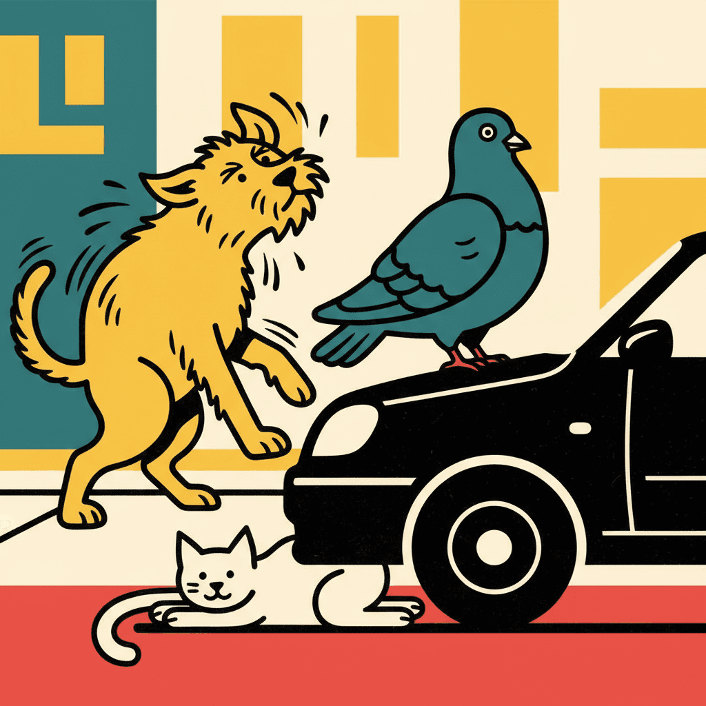 Square bold flat illustration of three city animals as big simple shapes — a scruffy yellow dog mid-shake, a teal pigeon in profile on a car bonnet and a white cat squashed flat underneath it — each one a strong silhouette with a thick black contour and a single flat fill