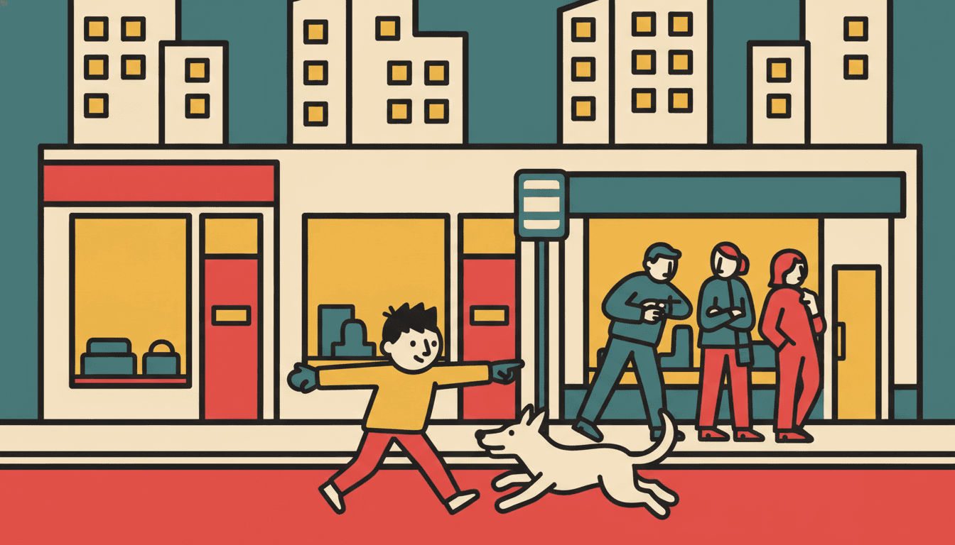 A bold flat city street in four layers of depth — a child and dog in front, a bus queue behind, shopfronts behind that and tower blocks at the back — separated only by overlapping flat shapes and thick outlines, with no haze anywhere