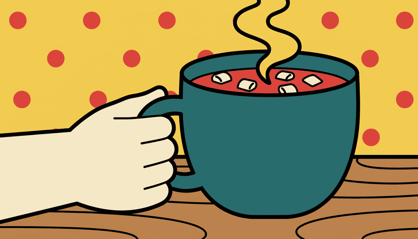 An enlarged bold flat illustration of a hand holding a mug on a table against a patterned wall, where the only thing separating hand from mug from table from wall is a thick black contour and every colour area is completely even
