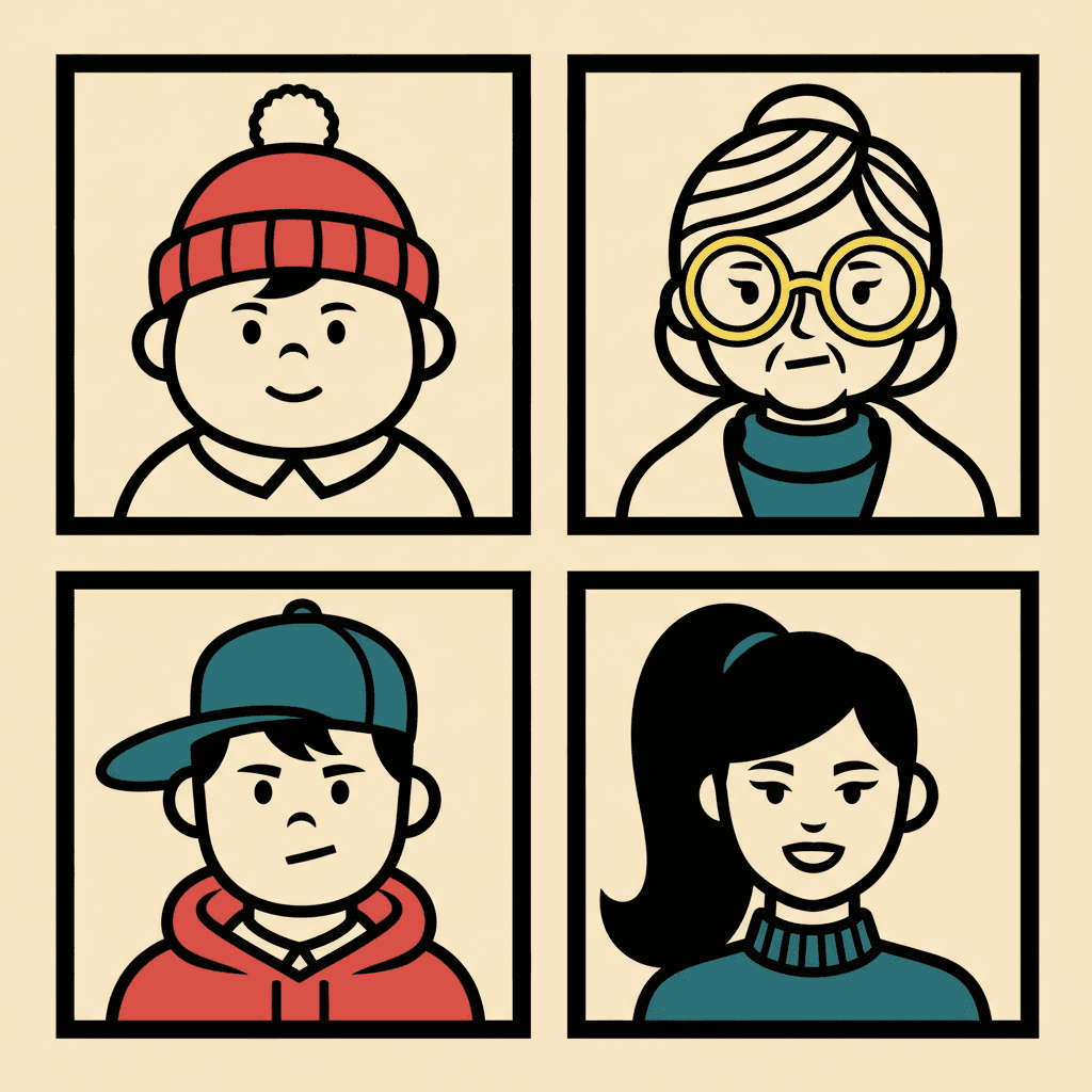 Square bold flat illustration of four head-and-shoulders portraits in a two-by-two grid — a toddler in a red bobble hat, a grandmother in big round yellow glasses, a boy with his cap on backwards and a woman with a tall ponytail — each face built from only four or five forceful black marks