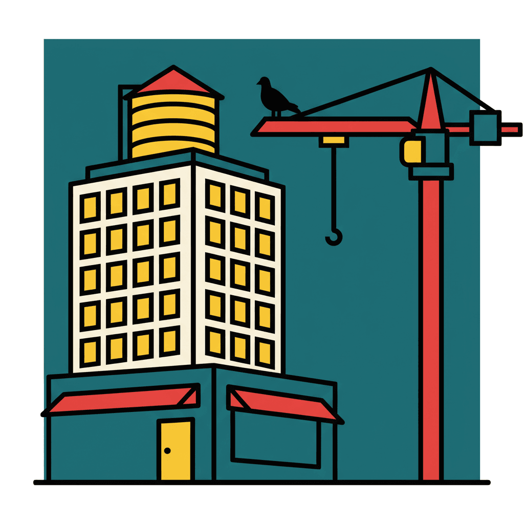 Square bold flat illustration of a city block stacked up in flat shapes — a corner shop with red awnings, a tower block of identical yellow windows, a rooftop water tank, a crane and a pigeon — each building one unshaded colour block with a thick black outline