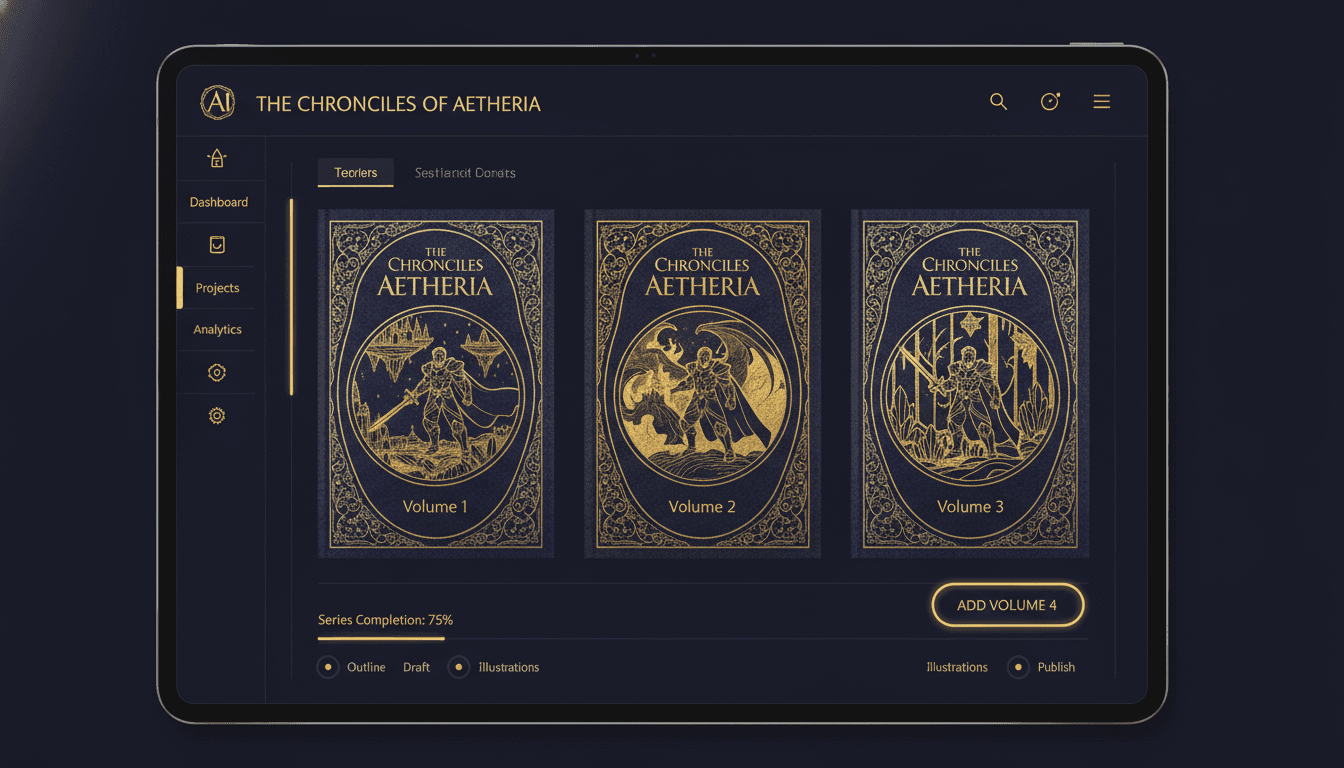 AI book series creator dashboard showing Volume 1, 2 and 3 of one series as matching hardcover covers with the same hero