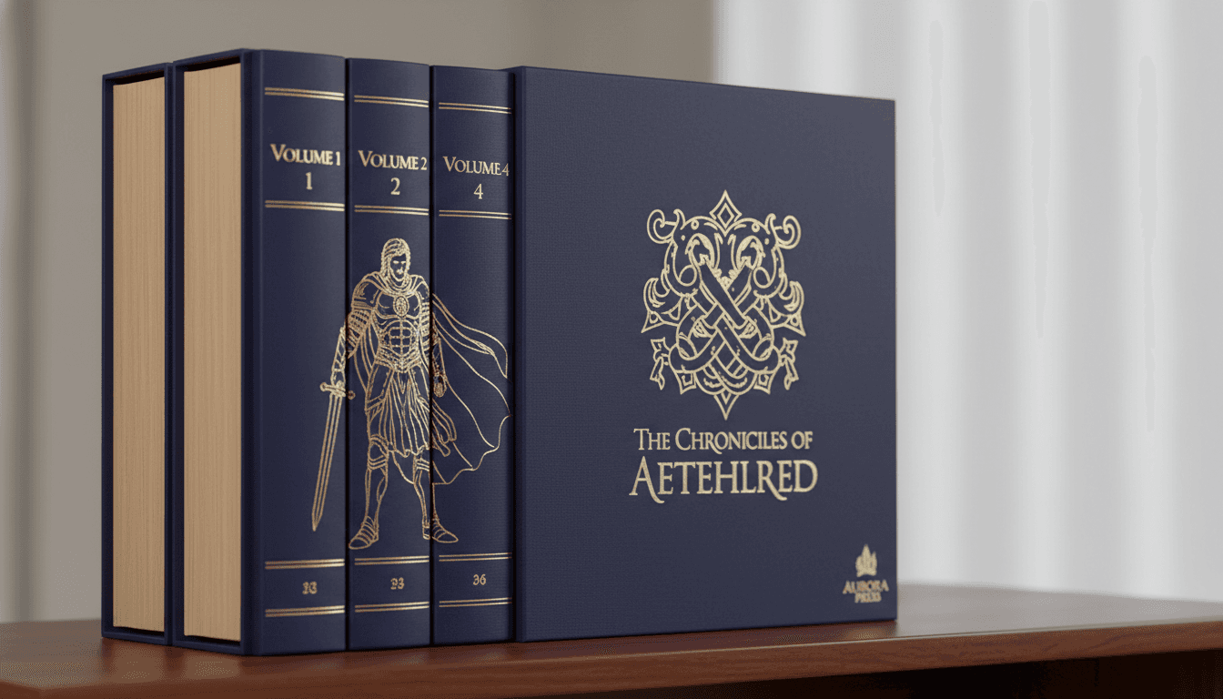 A premium boxed set of matching numbered hardcover volumes standing on a shelf, all sharing one cover design