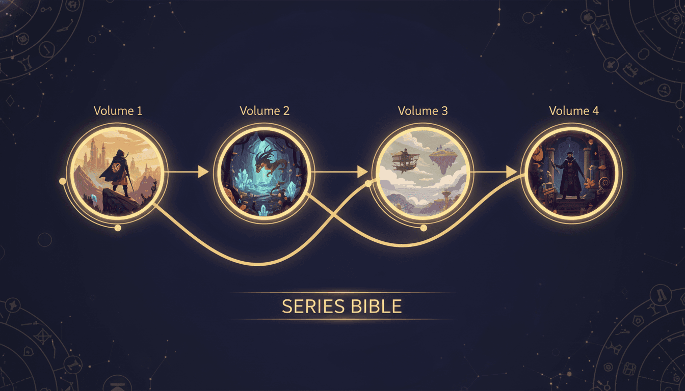 A series roadmap from Volume 1 through Volume 4 along a timeline, each node an illustrated book cover