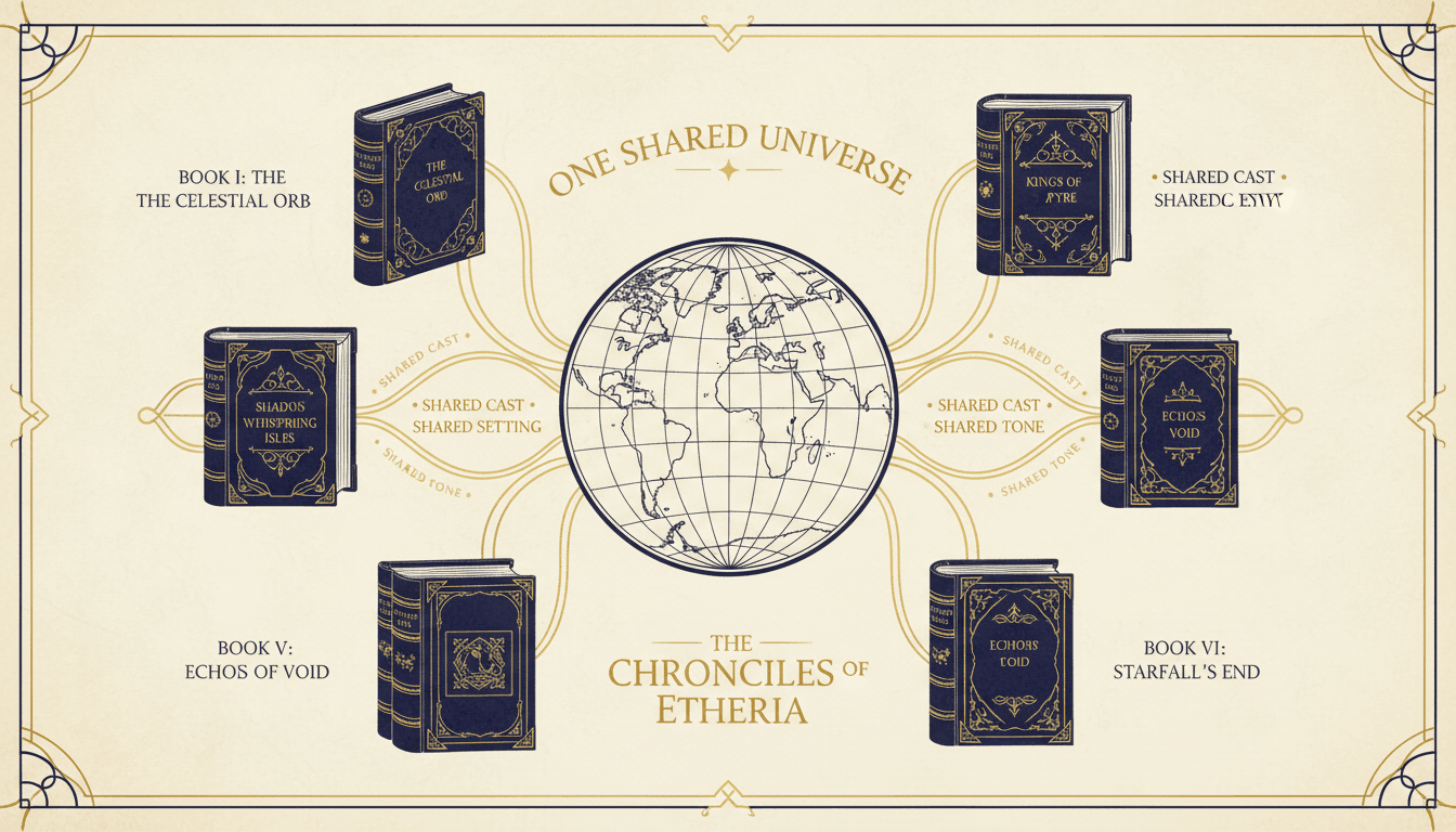 One shared universe map at the center with multiple book volumes branching out, all sharing the same cast
