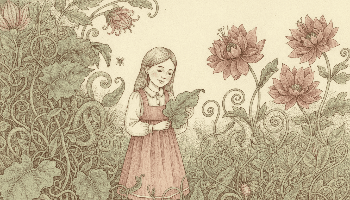 A girl of about eight stands among dense invented plants, holding one large scrolled leaf in both hands and looking down at it with a small calm smile. She wears a dusty rose pinafore over an ivory blouse with a round collar, and her hair and face are built from the same fine hatched pen strokes as the foliage. The whole left half of the picture is filled with tightly curling stems, spiralling tendrils and broad lobed sage-green leaves; at the right stand four large faded rose flowers with many narrow petals. The ground behind everything is plain warm ivory. One small bee hovers near her head and one small round beetle sits at the lower right. No light falls from any direction and nothing casts a shadow