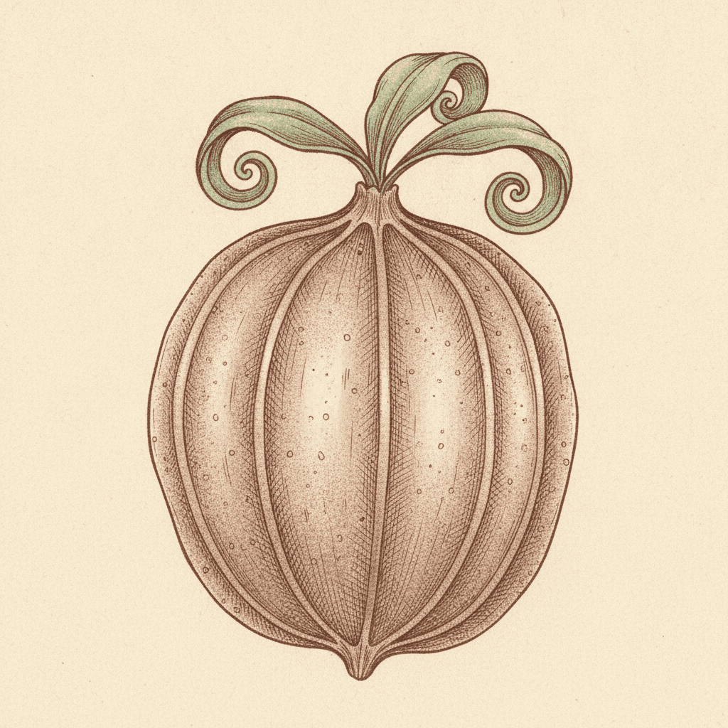 One large dry seed pod drawn alone in the middle of a square, rounded and slightly lopsided, with raised ribs running from top to bottom and three scrolled sage-green leaves curling out of its neck. Its roundness is described entirely by ink: the strokes run sparse and widely spaced down the ribs facing the viewer, cross over three and four times in the grooves and around the outer edge, and break into stippled dots in between, so that every mark stays separately visible and nowhere is there a smooth blended tone. The husk is a faded dusty rose, the surface is dry and matte, and the pod sits on plain warm ivory with no shadow beneath it