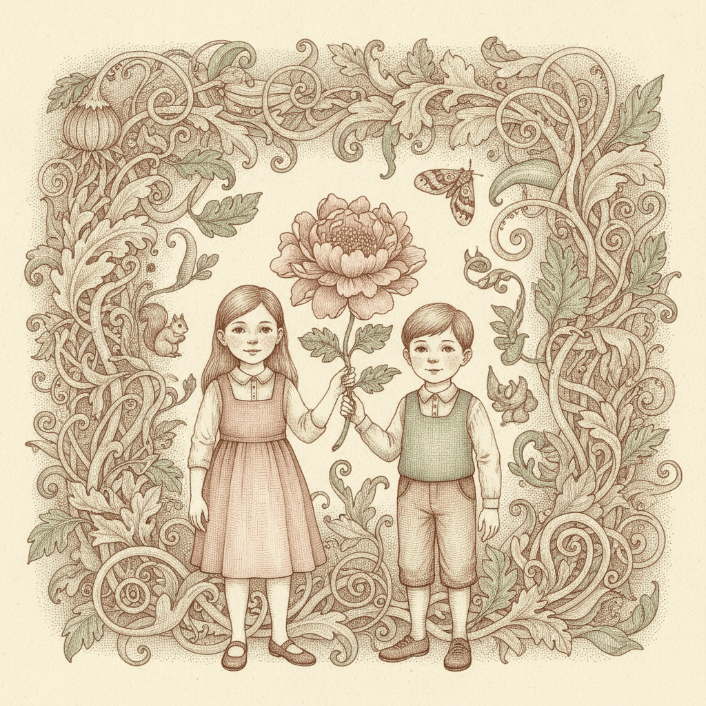 A girl in a dusty rose pinafore over an ivory blouse stands beside a boy in a sage-green knitted waistcoat and tan knee-length shorts, and between them they hold up one large faded rose flower with many layered petals on a leafy stem. All around them, filling the square right out to the edges, is a dense hatched border of scrolled leaves, curling stems, spiral tendrils and ribbed seed pods. A small squirrel sits among the growth at the left and a patterned moth flies at the upper right. The leaves behind the children are hatched exactly as carefully as the children's own faces, and neither child casts a shadow