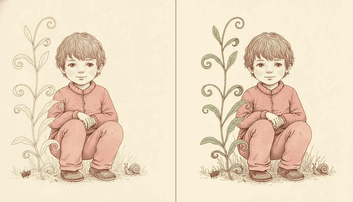 One wide picture split down the middle by a thin vertical line, showing the same boy drawn twice in identical pen work. In both halves he crouches in a dusty rose jumper and matching trousers with his hands folded over his knees, the same small smile, the same brown shoes, with the same snail at his right and the same small reddish beetle at his left. Beside him in both halves stands the same tall plant with spiralling tendrils and pointed leaves. In the left half that plant is nothing but a thin unfilled outline with no colour and no hatching inside it. In the right half the identical plant has its leaves filled with sage green and worked over with hatching, so it carries the same weight and substance as the boy. The boy himself is unchanged between the two sides