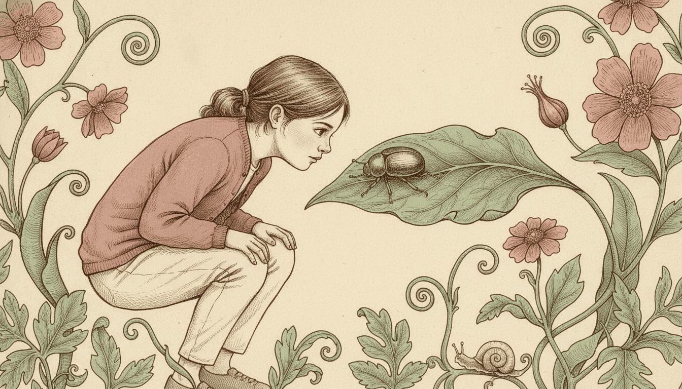 A girl of about eight crouches in profile facing right, leaning forward with her hands on her knees and her eyes fixed on a single round beetle sitting on a broad sage-green leaf level with her face. She wears a dusty rose cardigan, ivory trousers and brown lace-up boots, her hair tied back in a low ponytail. The beetle is drawn with as much hatched detail as her own face — its segmented back, its legs and its antennae all separate ink strokes, and the veins of the leaf drawn in individually. Curling stems, scrolled leaves and faded rose flowers fill both outer edges of the frame, and a snail crosses a stem at the lower right. The middle of the picture is plain warm ivory and nothing casts a shadow