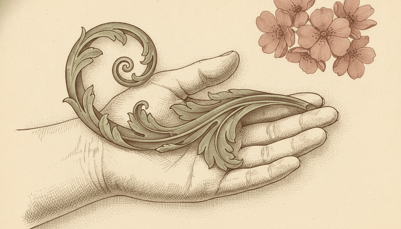 An open hand seen very close up from the side, palm up, holding one scrolled sage-green leaf form that curls over the fingers. Every line is a thin sepia-brown pen stroke that visibly swells and thins along its length, and the hollow of the palm, the creases and the undersides of the fingers are built from layers of fine crossed strokes and stippled dots, each mark separately visible with no smooth blending anywhere. The five fingers are drawn complete and relaxed. A cluster of six small faded rose flowers sits in the upper right corner. The rest of the frame is plain warm ivory