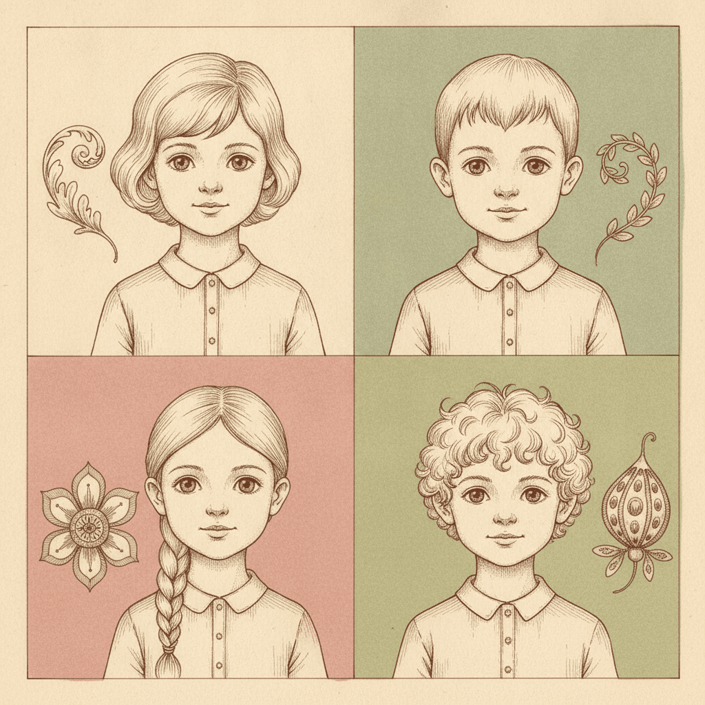 A two-by-two grid of four equal squares, each a different flat colour holding the head and shoulders of one child drawn in fine sepia-brown hatched pen strokes. On warm ivory, a girl with a chin-length bob beside a scrolled leaf motif. On sage green, a boy with short cropped hair beside a curling leafy tendril. On dusty rose, a girl with a long plait over one shoulder beside an eight-petalled flower. On olive green, a boy with curly hair beside a lopsided ribbed seed pod. All four wear plain ivory collared shirts, face forward with calm friendly expressions, and are shaded entirely with crossed ink lines rather than with tone