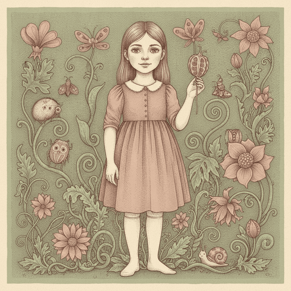 A girl of about nine stands facing forward in a dusty rose dress with a round white collar and short sleeves, ivory stockings and bare feet, holding up a striped ribbed seed pod on a stem in one hand. Behind her the whole square is sage green and completely filled with hatched invented growth: curling stems, lobed leaves, spiral tendrils and many faded rose flowers of different shapes. Among them are a round furry creature with two dark eyes at the upper left, a small owl-faced seed creature below it, two patterned moths, and a snail with a spiralled shell at the lower right. Every one of them is drawn with the same fine hatching as the girl herself