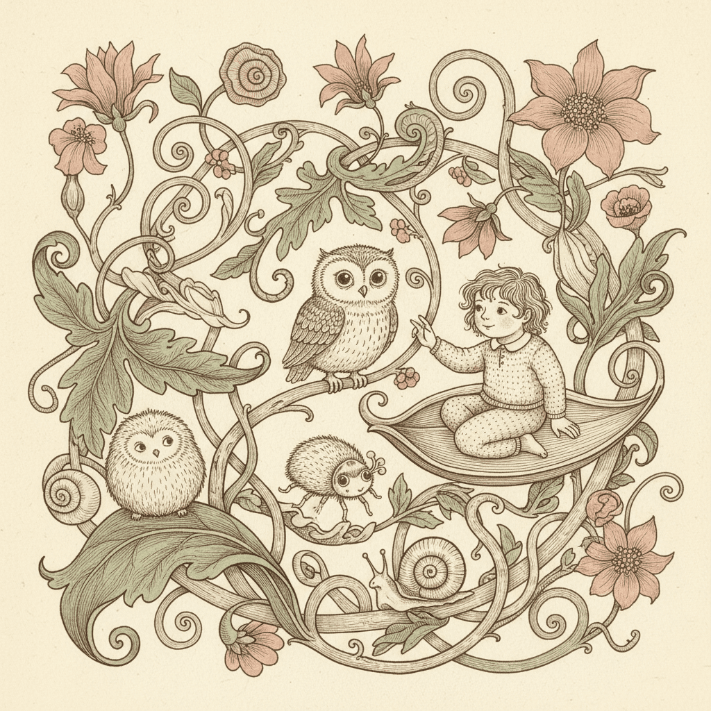 A small curly-haired child in a plain ivory nightshirt sits cross-legged on a broad leaf in the middle of a square, one hand reaching out towards a round owl perched on a stem and looking back at them. Below, a plump round owl-like bird with a soft hatched coat sits on a large sage-green leaf, a small furry creature with several round eyes stands on a stem beside it, and a snail with a spiralled shell crosses a stem at the bottom. Curling stems, scrolled leaves and faded rose flowers of many shapes fill the whole square around them. Every creature is awake, soft and calm, and nothing casts a shadow