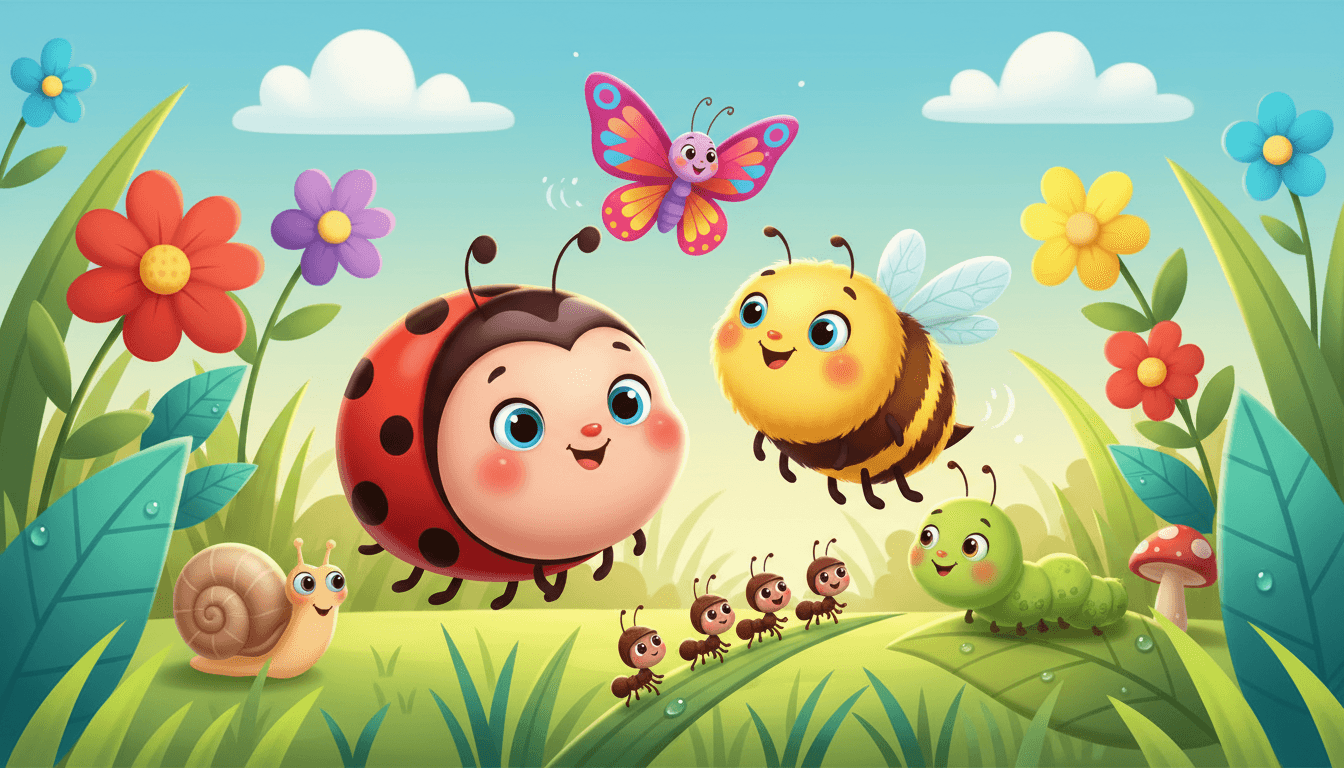 Happy friendly little backyard bugs in a sunny flower garden — a smiling ladybug, a colorful butterfly, a busy bee, a marching ant, a caterpillar and a snail — in an AI-generated bug story