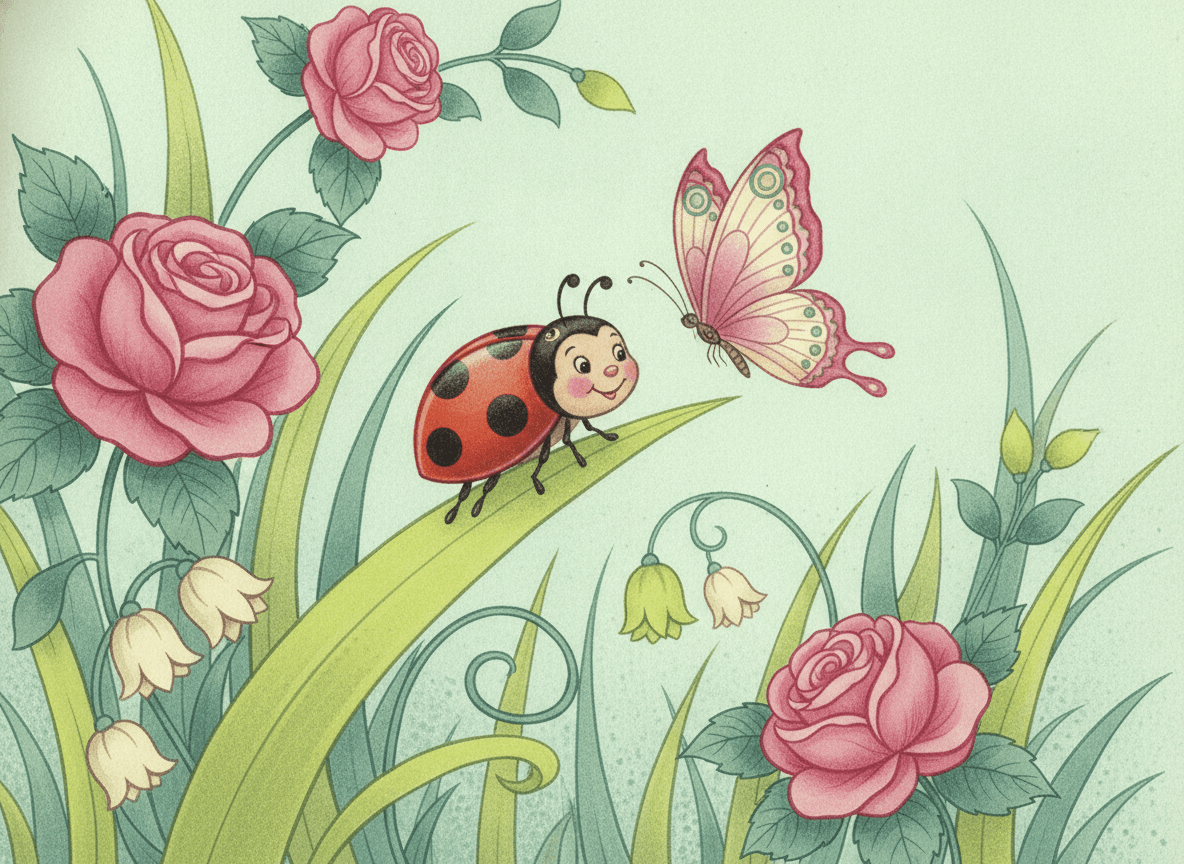 Classic storybook style illustration of a sweet little ladybug and a gentle butterfly among blooming garden flowers