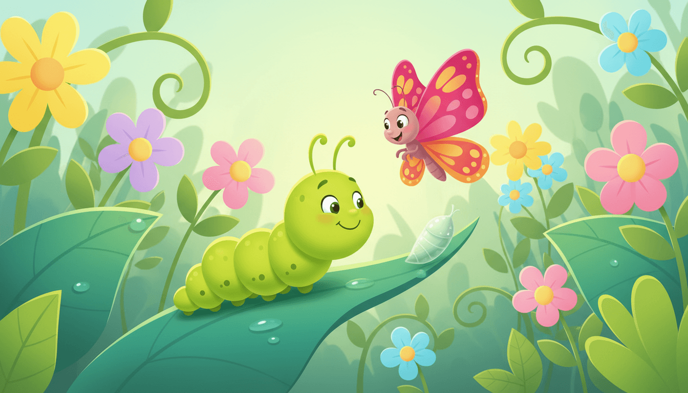 A happy green caterpillar inching along a dewy leaf next to a beautiful butterfly, showing the journey of growing up and changing