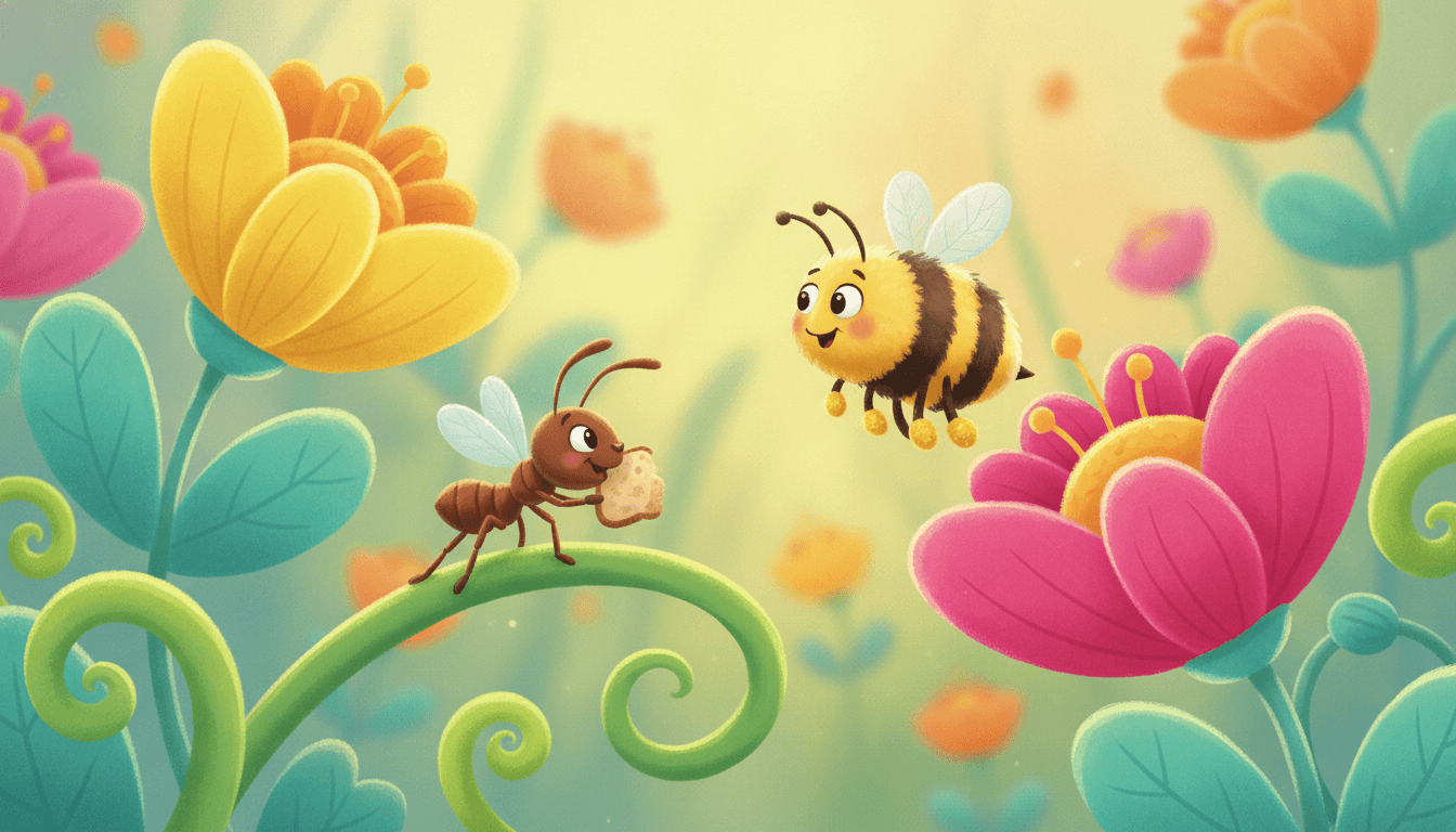 A busy little ant carrying a crumb along a stem while a fuzzy bee collects pollen from flower to flower, working together as a happy team