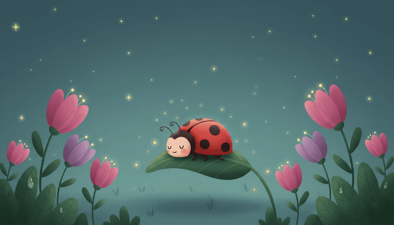 Glowing fireflies lighting up a cozy garden at dusk while a sleepy ladybug curls up on a leaf for bedtime under a starry sky