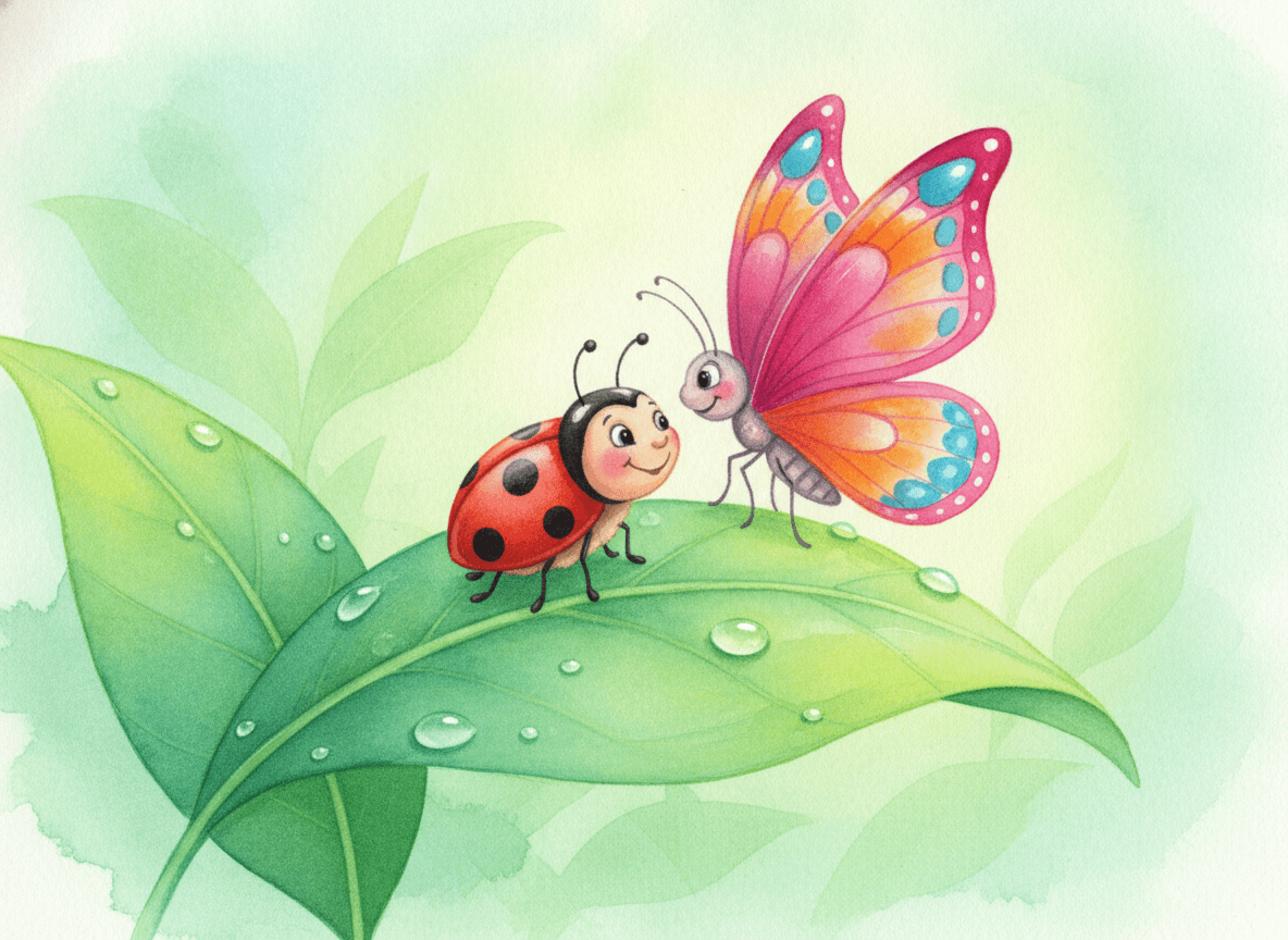 Watercolor style bug story illustration of a gentle little ladybug and a butterfly together on a dewy green leaf