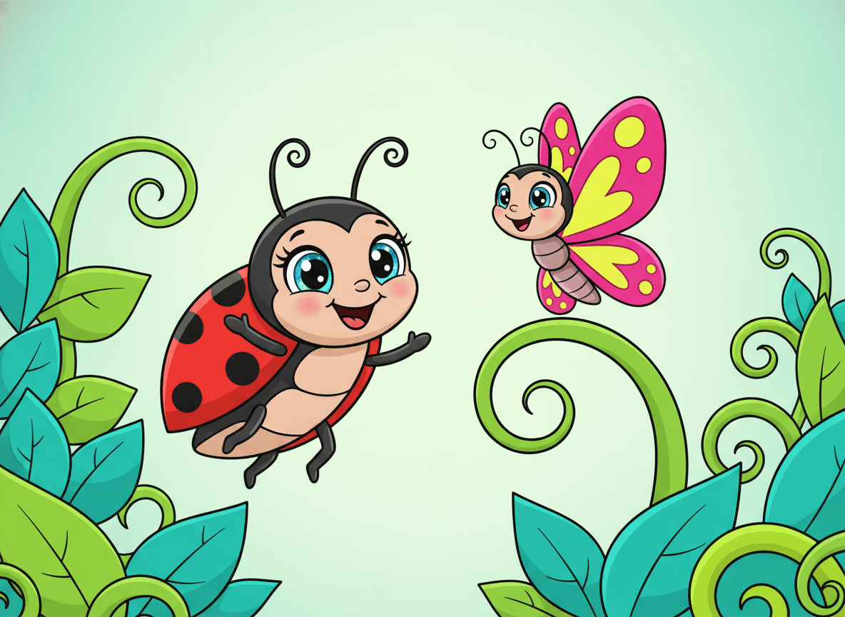 Cartoon style bug story illustration of a happy little ladybug giving a cheerful wave next to a smiling butterfly