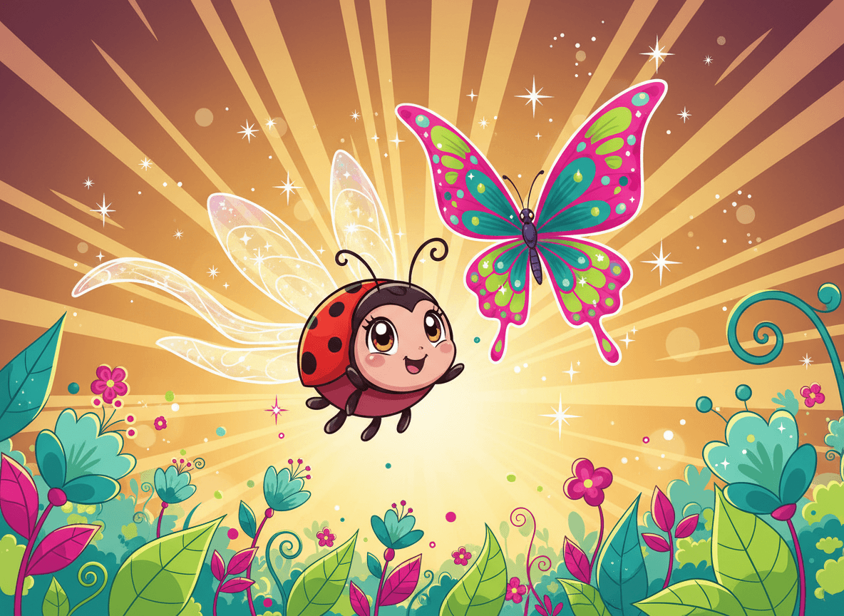 Anime style bug story illustration of a cute ladybug and a graceful butterfly flying in a dynamic happy pose with sparkles