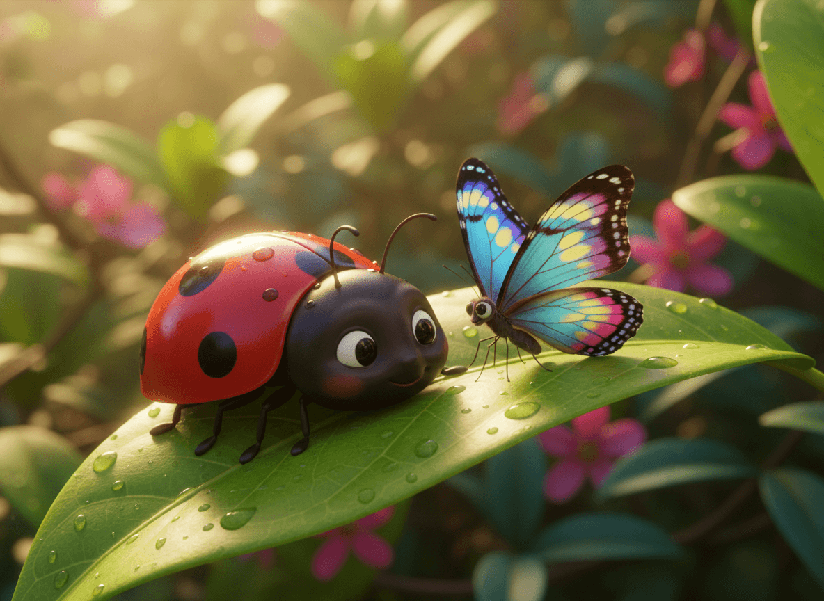 Cinematic 3D style bug story illustration of an adorable chubby ladybug resting on a glossy green leaf beside a butterfly at golden hour