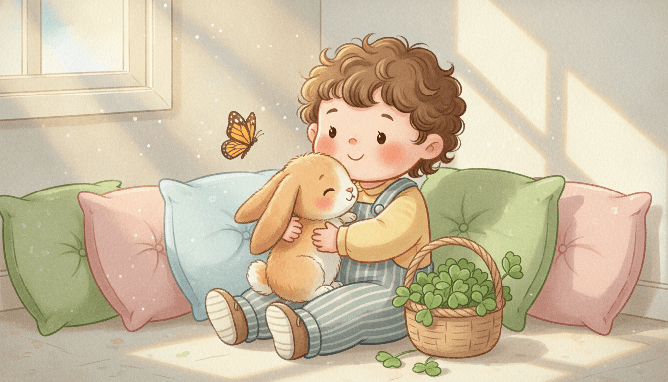 A happy little child gently cuddling a soft brown-and-white lop-eared bunny with floppy ears in a cozy sunlit nook in an AI-generated bunny story
