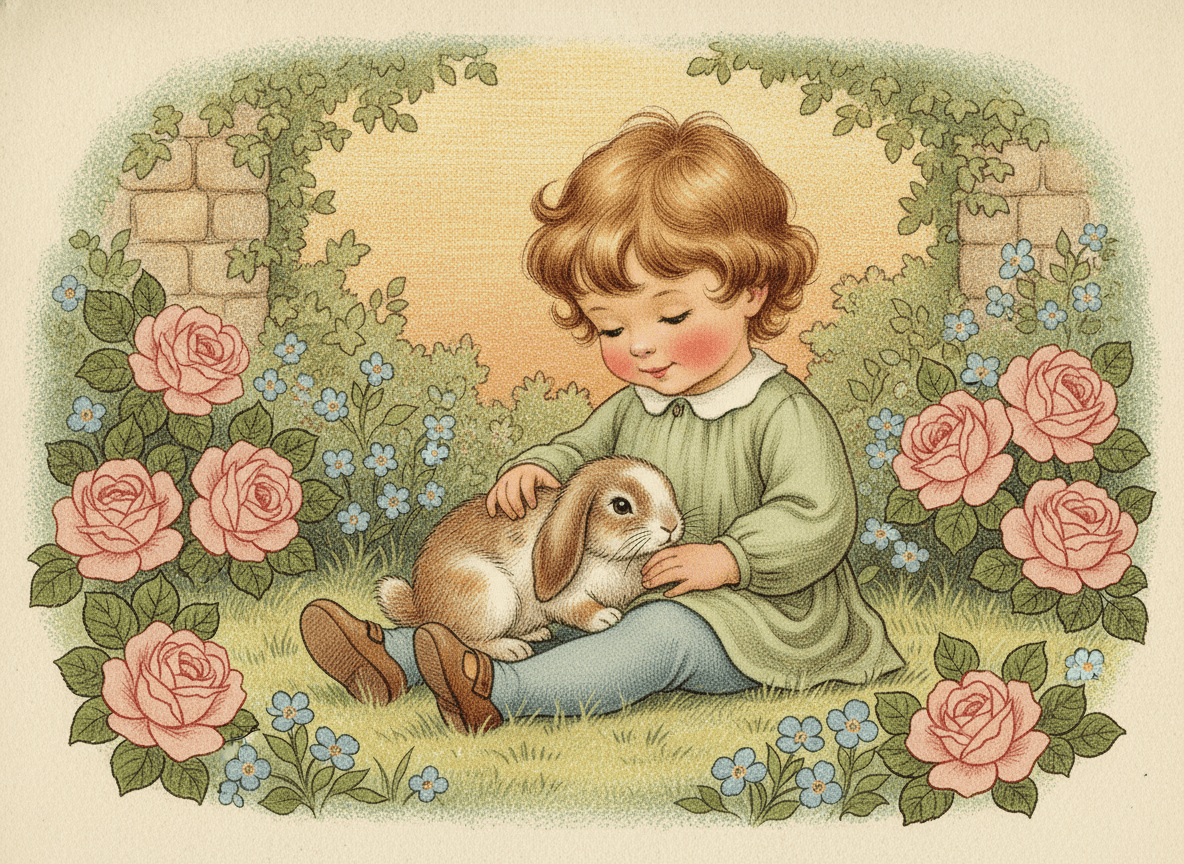 Classic storybook style illustration of a sweet child in a cozy garden with a soft lop-eared bunny in their lap