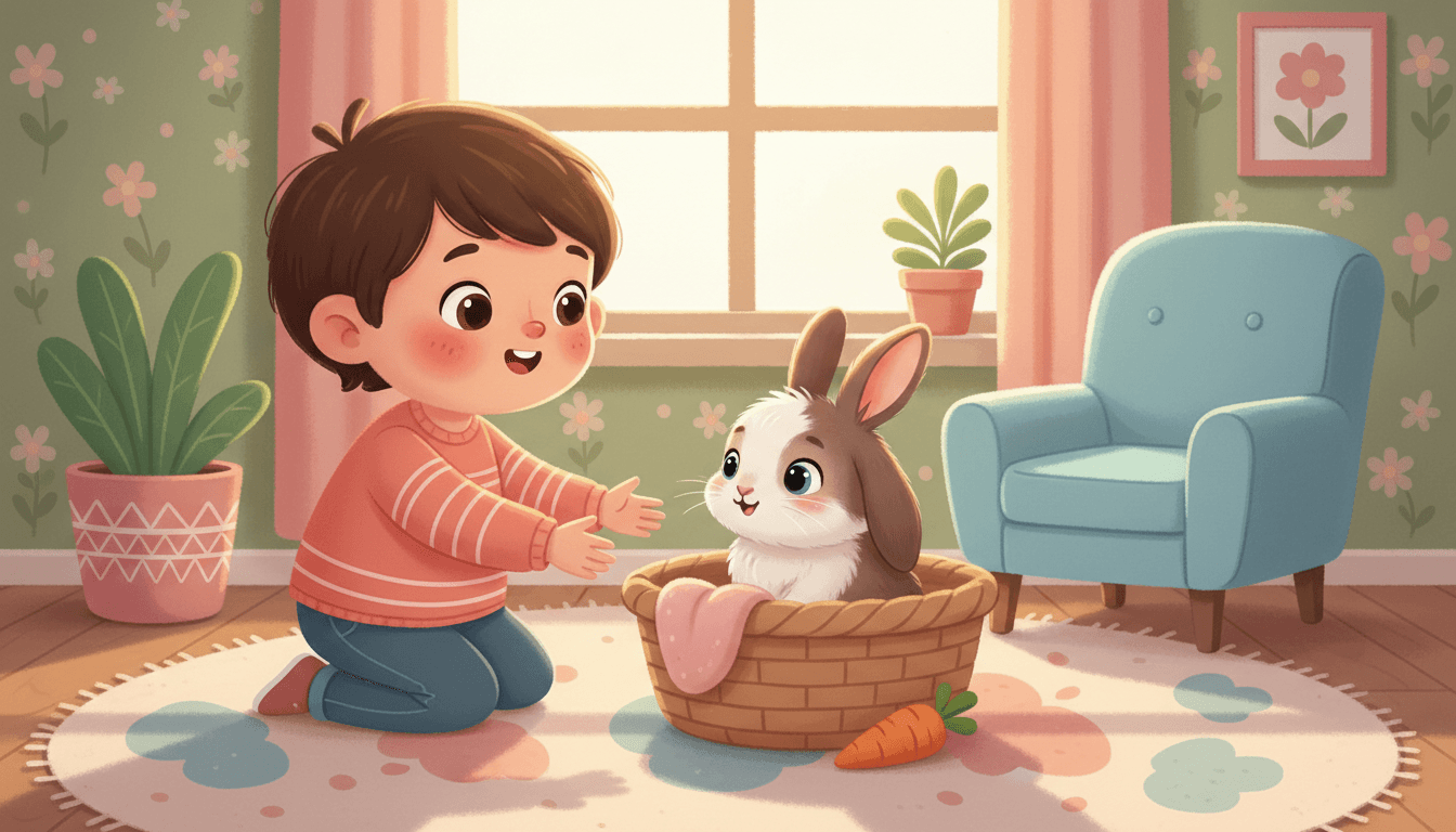 A delighted child kneeling to welcome a tiny soft brown-and-white lop-eared bunny snuggled in a cozy basket with a soft blanket in a sunlit living room