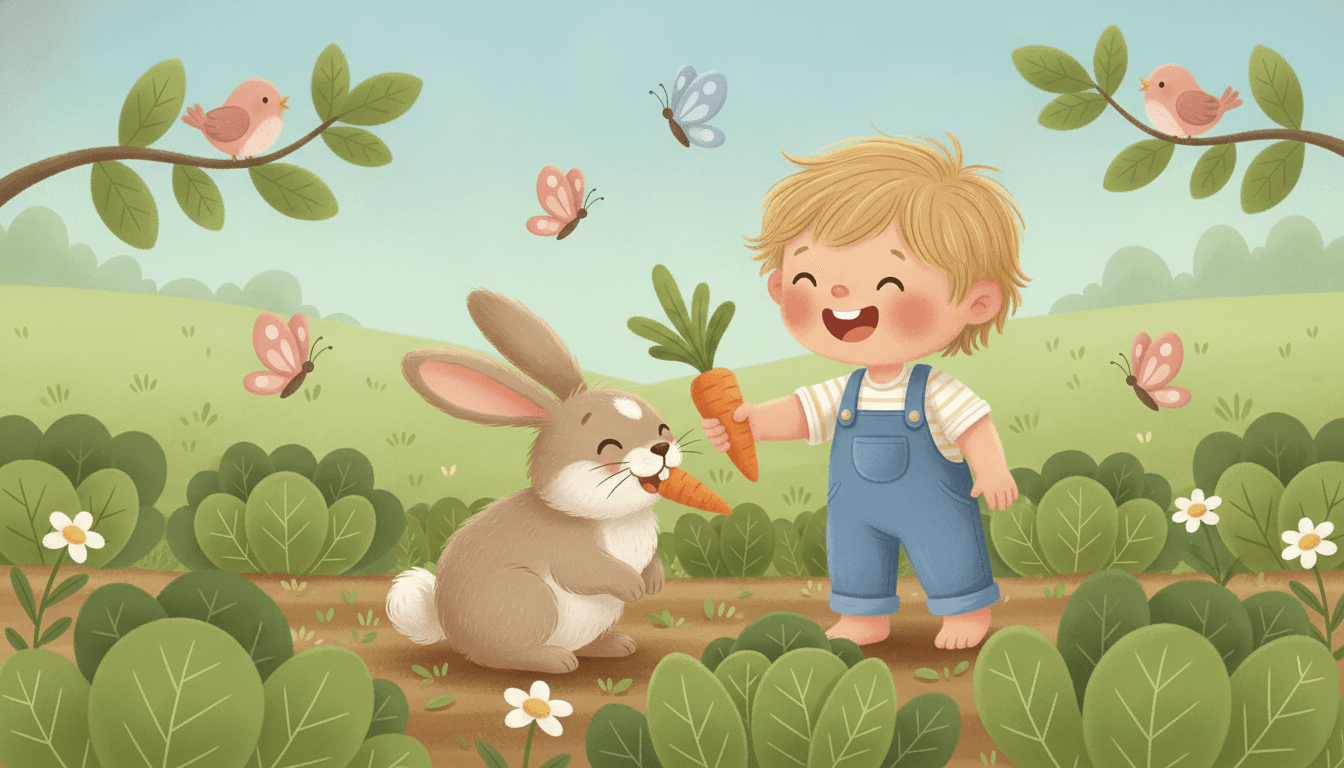 A happy child offering a fresh carrot to a soft brown-and-white lop-eared bunny nibbling happily among leafy veggie rows in a sunny garden