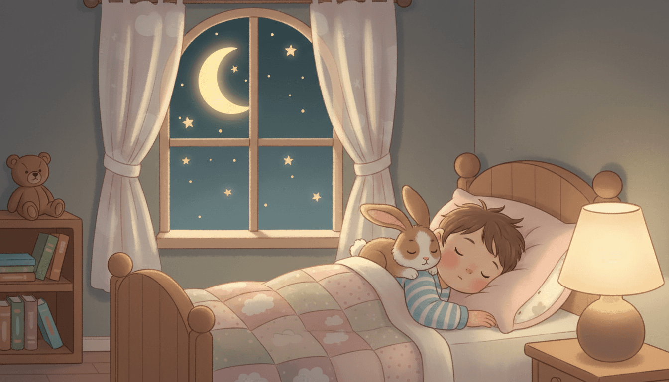 A sleepy little child in pajamas tucked in bed with a soft brown-and-white lop-eared bunny curled up snugly beside them under a glowing crescent moon