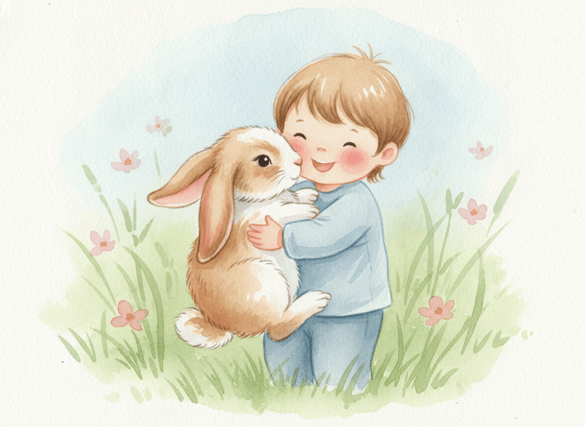 Watercolor style bunny story illustration of a happy child cuddling a soft brown-and-white lop-eared bunny