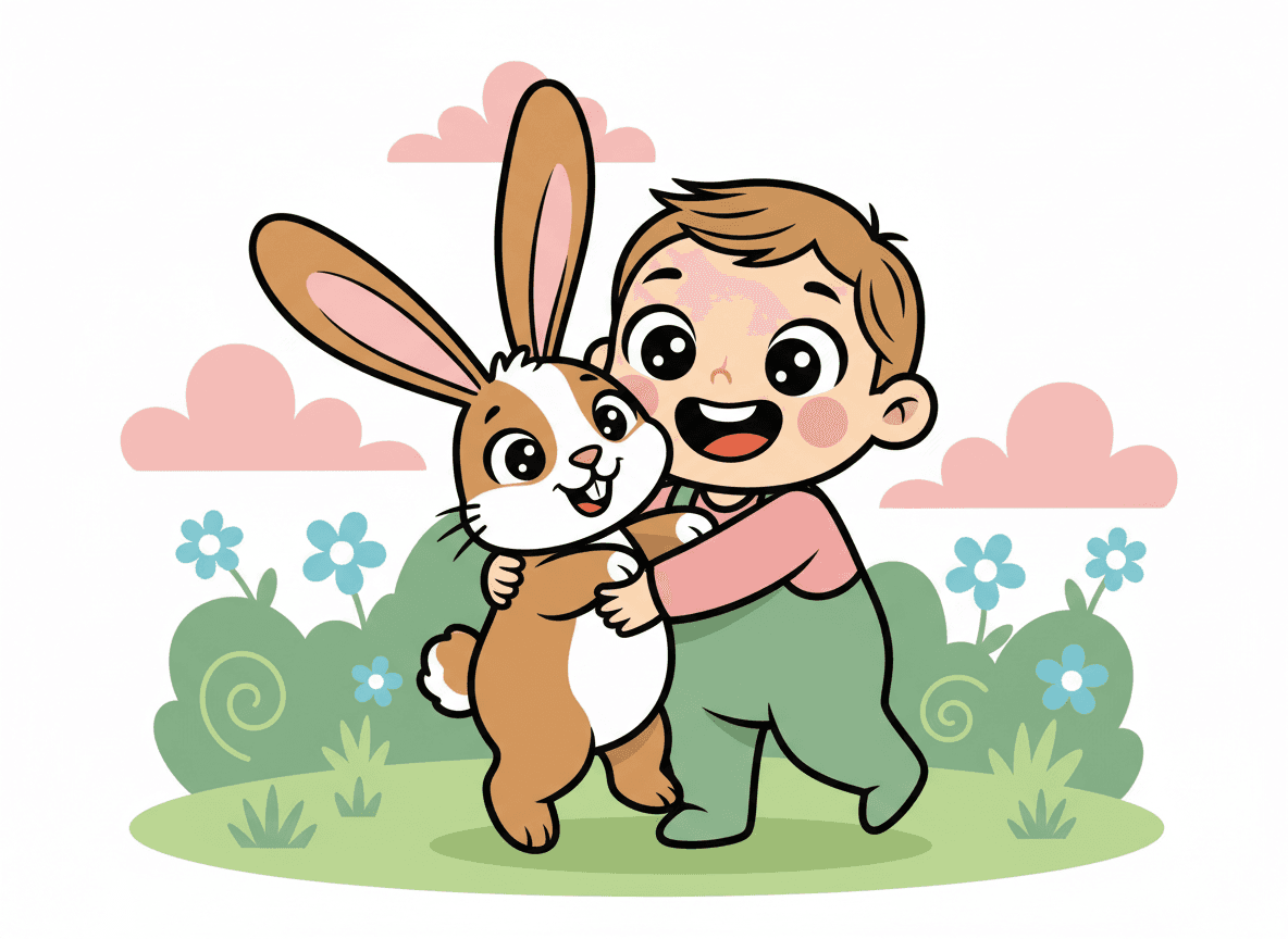 Cartoon style bunny story illustration of a happy child hugging a cheerful soft lop-eared bunny with floppy ears