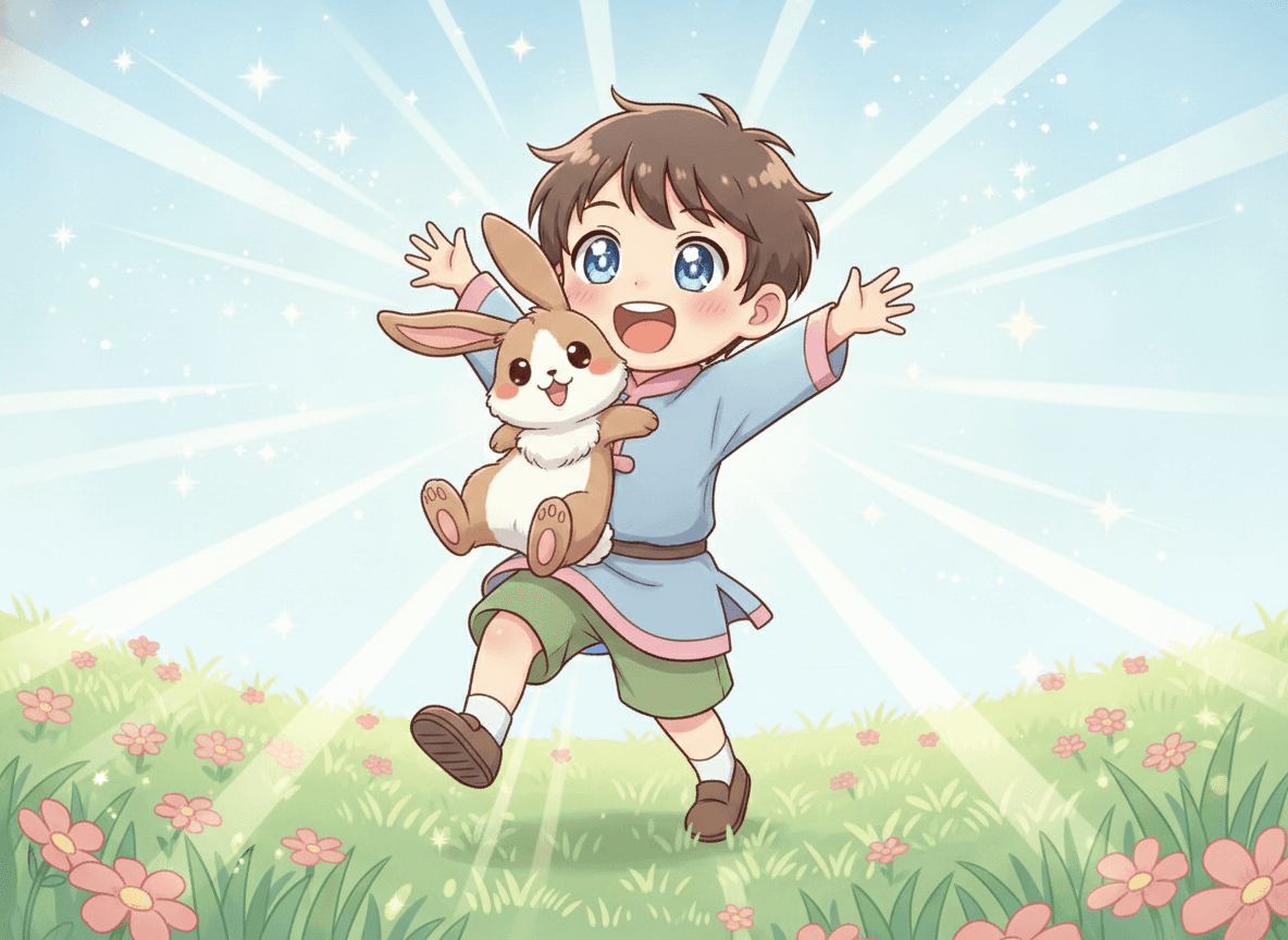 Anime style bunny story illustration of a cute child with sparkling eyes holding a soft brown-and-white lop-eared bunny