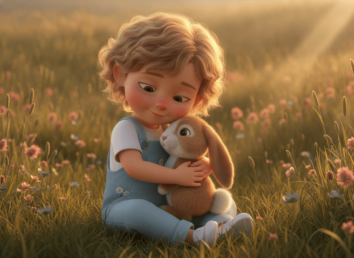 Cinematic 3D style bunny story illustration of an adorable child cuddling a soft lop-eared bunny at golden hour